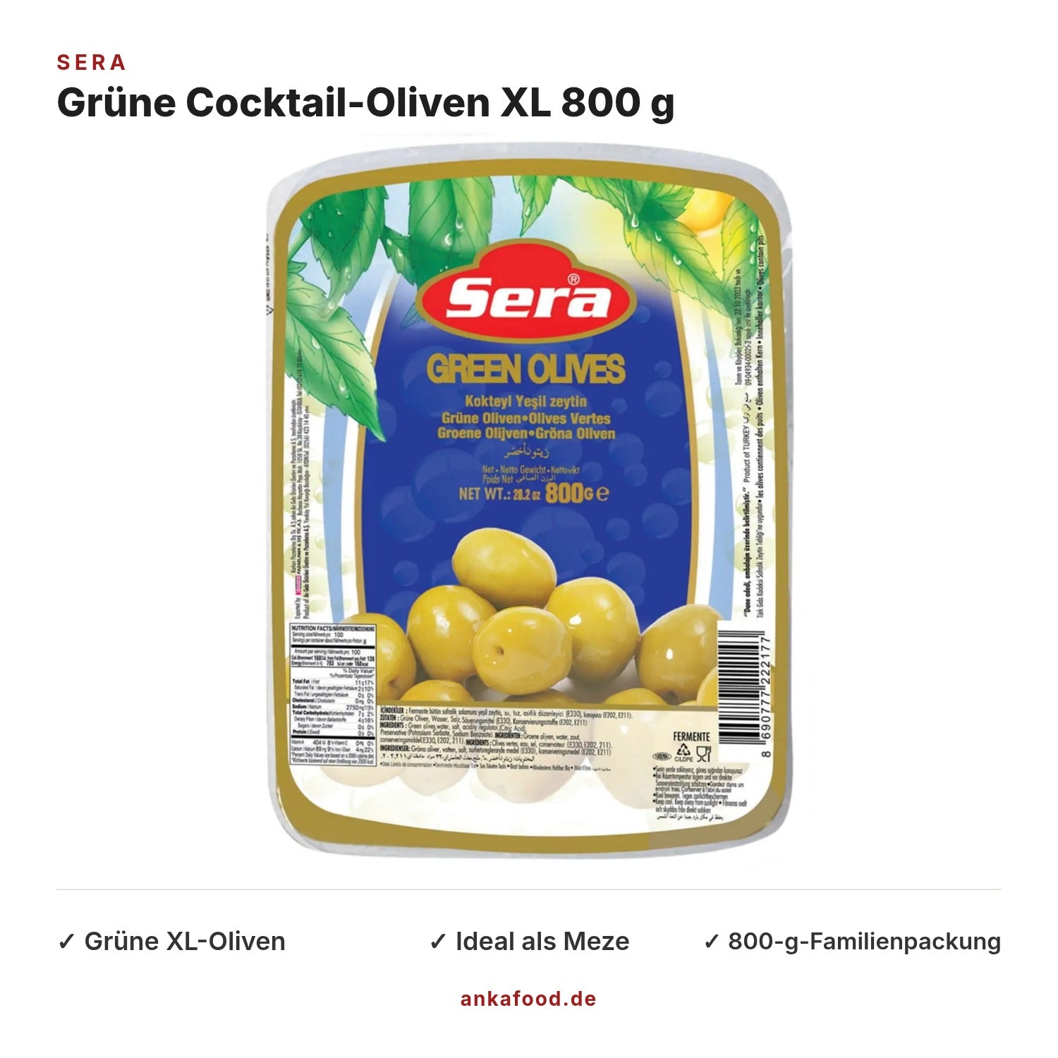 Sera Grüne Cocktail-Oliven XL 800 g – Anka Food