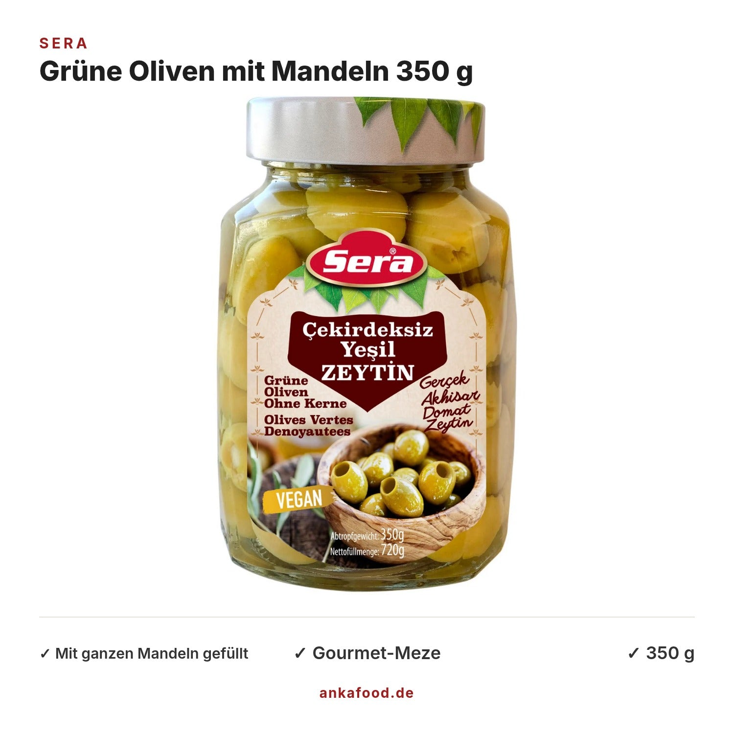 Sera Grüne Oliven gefüllt mit ganzen Mandeln 350 g – Anka Food