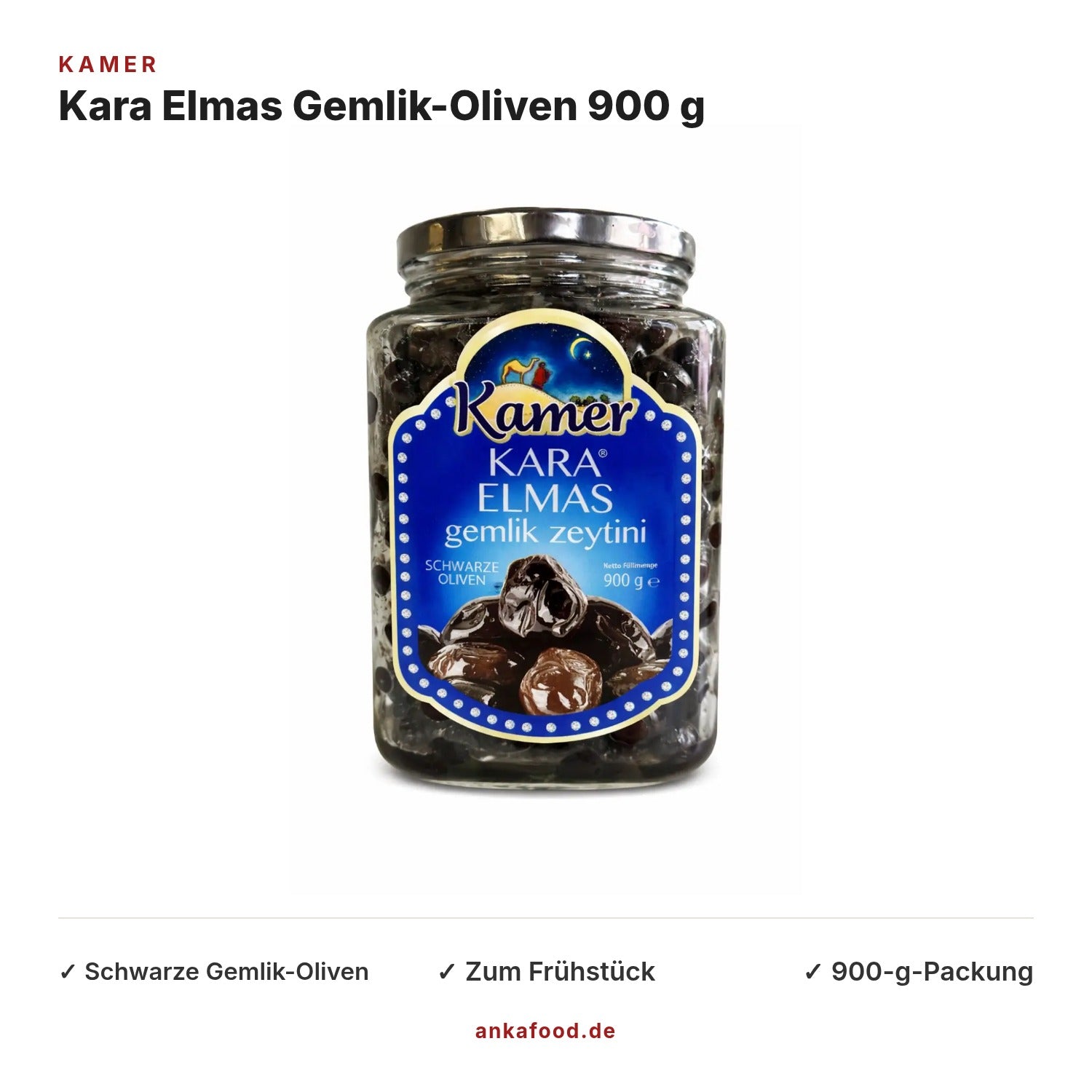 Kamer Kara Elmas schwarze Gemlik-Oliven 900 g – Anka Food