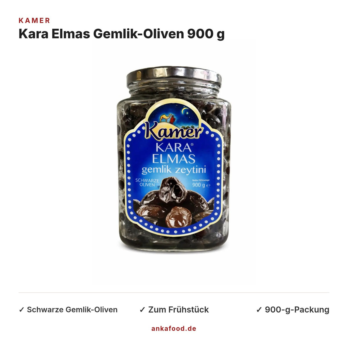 Kamer Kara Elmas schwarze Gemlik-Oliven 900 g – Anka Food
