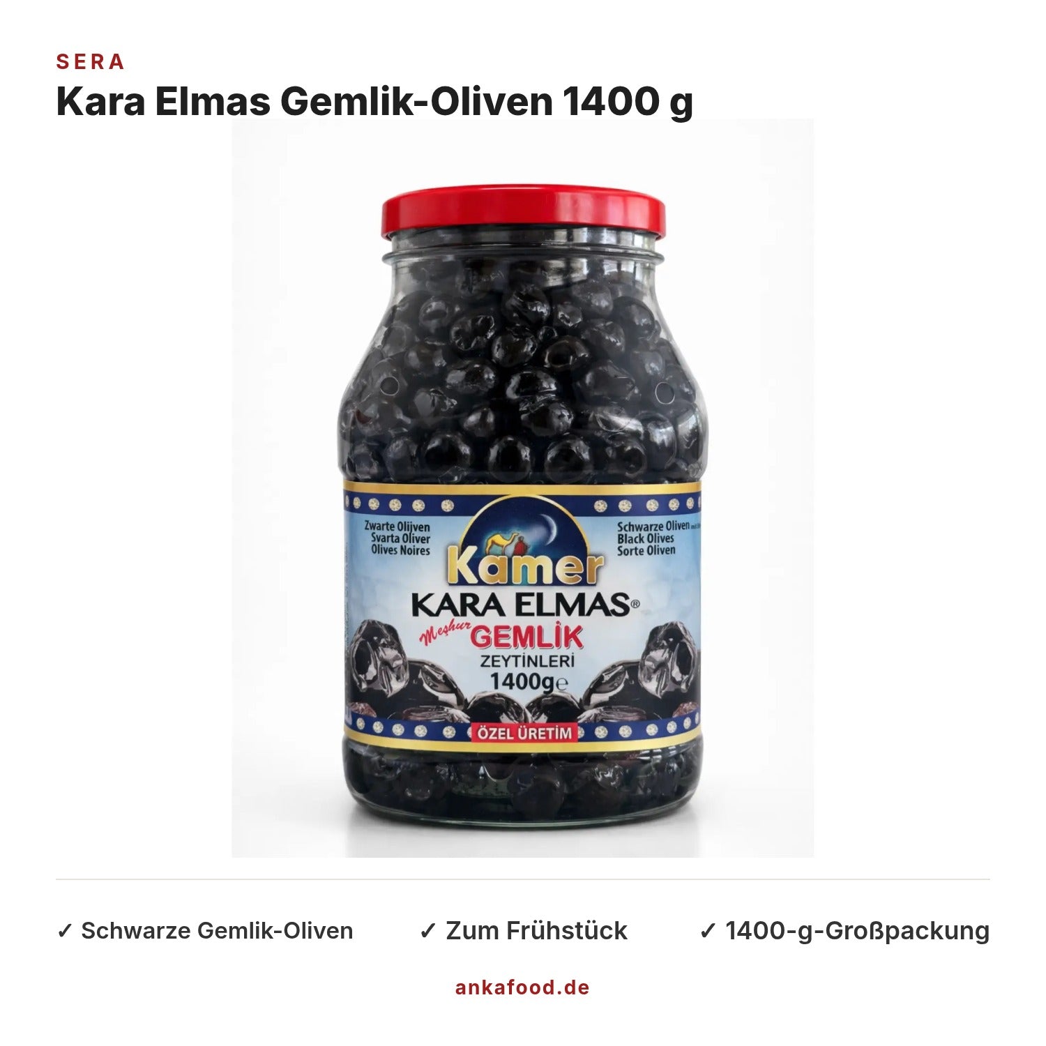 Sera Kara Elmas schwarze Gemlik-Oliven 1400 g – Anka Food