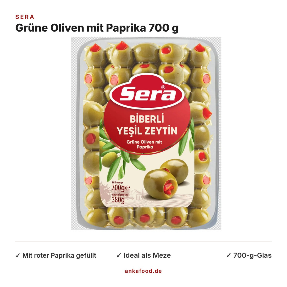 Sera Grüne Oliven gefüllt mit Paprika 700 g – Anka Food