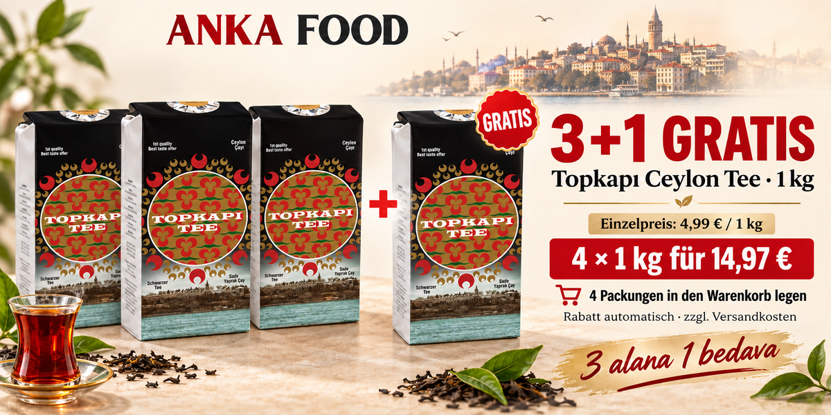 Topkapı Ceylon Tee 1 kg: 3 kaufen + 1 gratis. Einzelpreis 4,99 €. Vier Packungen für 14,97 € zuzüglich Versandkosten.