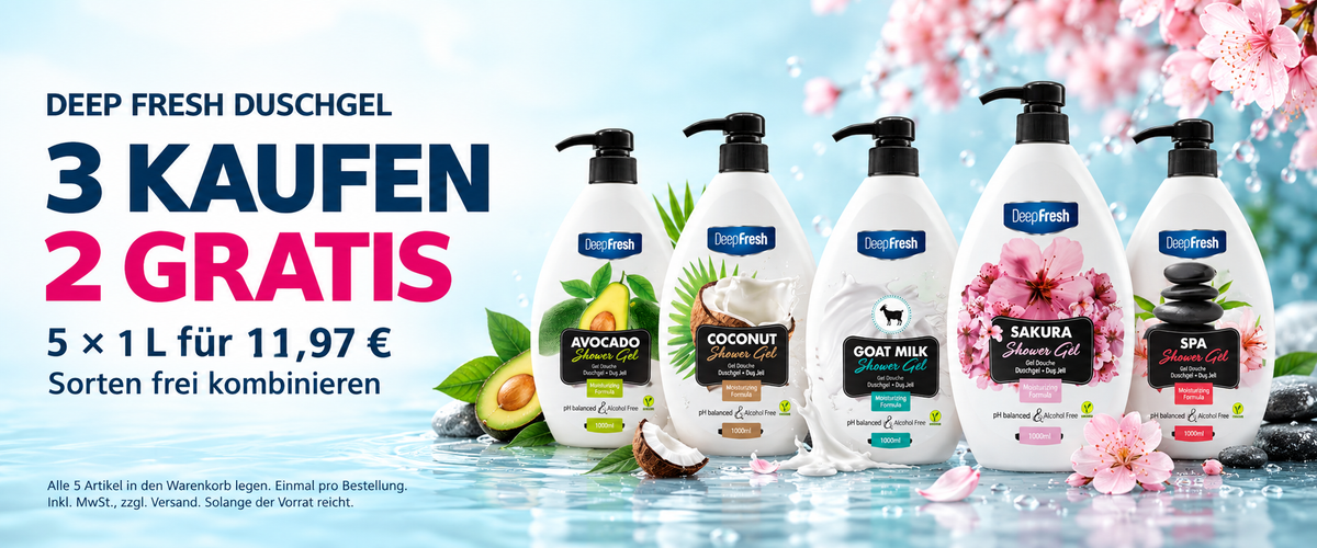 Deep Fresh Duschgel: 3 kaufen, 2 gratis. 5 x 1 Liter für 11,97 Euro, Sorten frei kombinieren.
