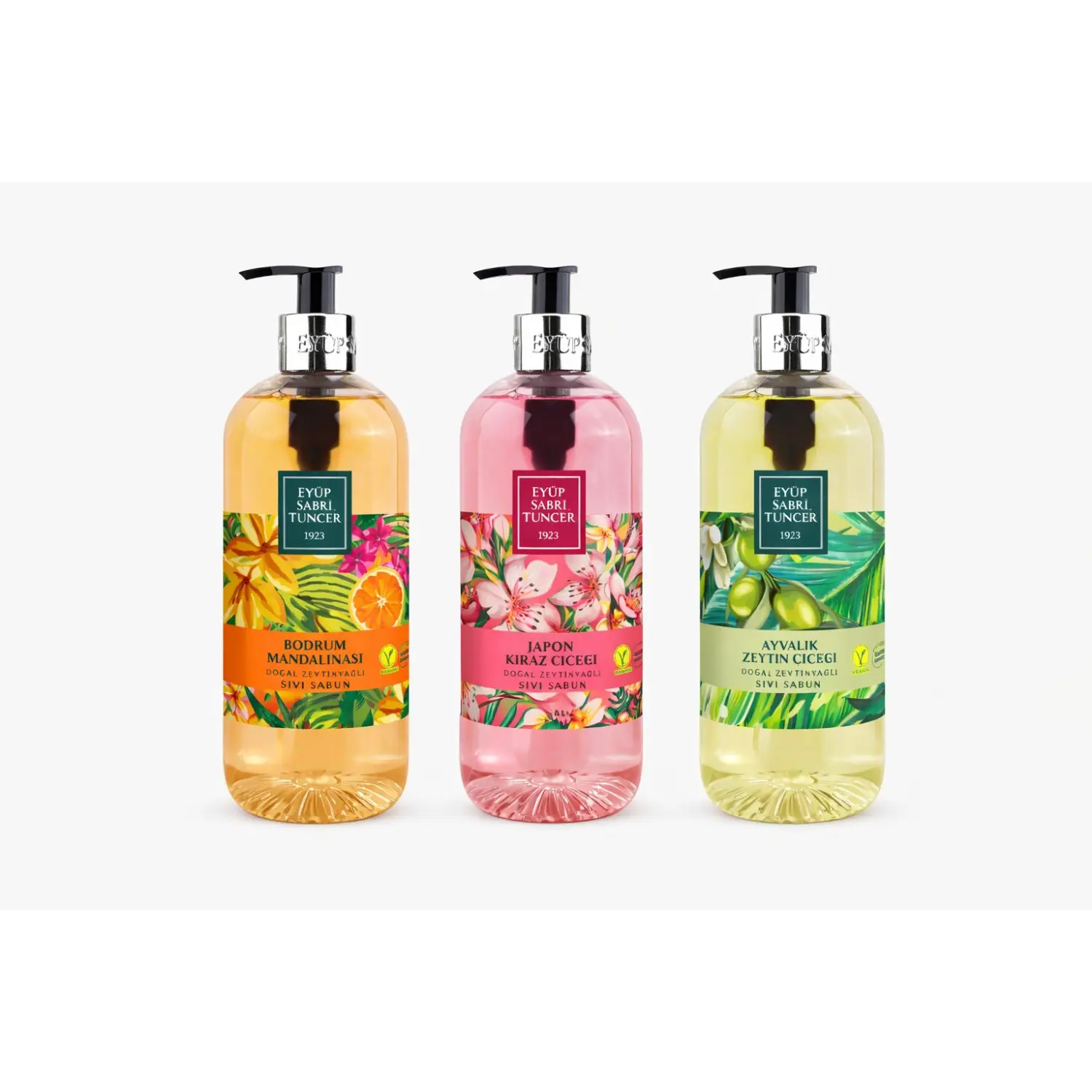 Eyüp Sabri Tuncer Olivenöl Flüssigseife 3er Set – Mix aus Mandarine, Kirschblüte & Olivenblüte