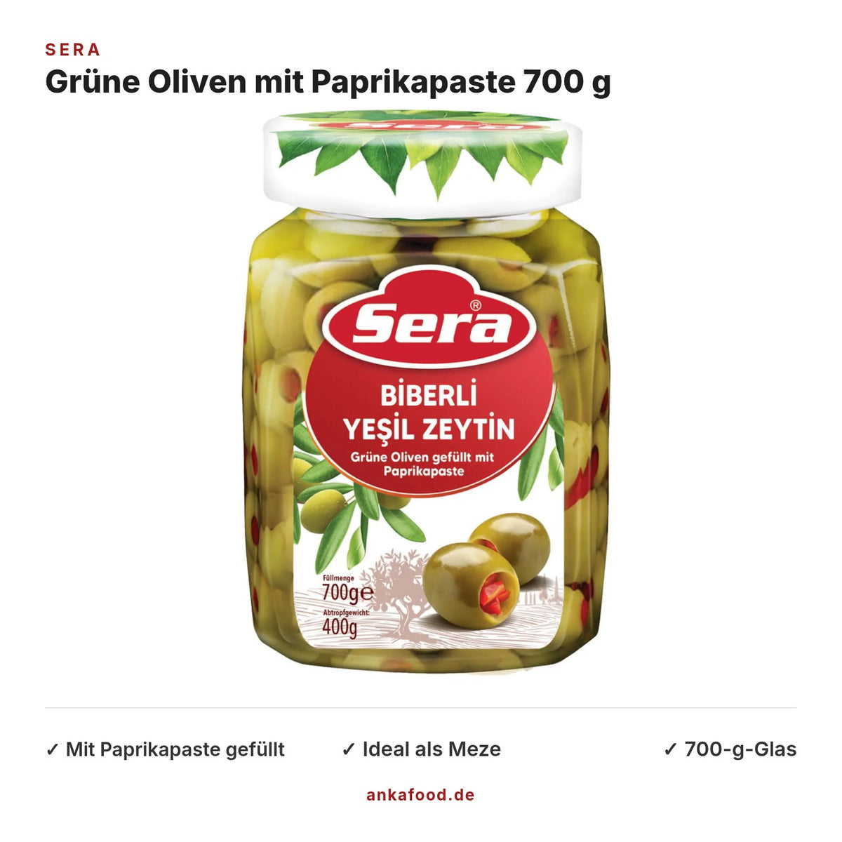 Sera Grüne Oliven gefüllt mit Paprikapaste 700 g – Anka Food