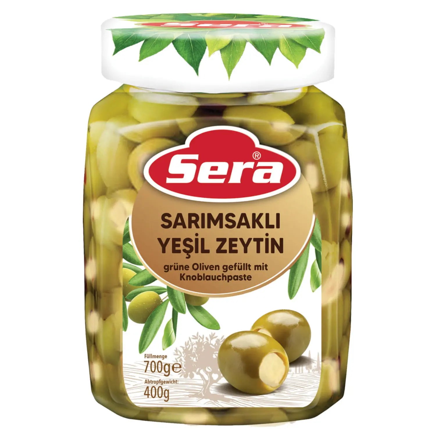 Grüne Oliven gefüllt mit Knoblauchpaste 400g ATG – Sera – Anka Food