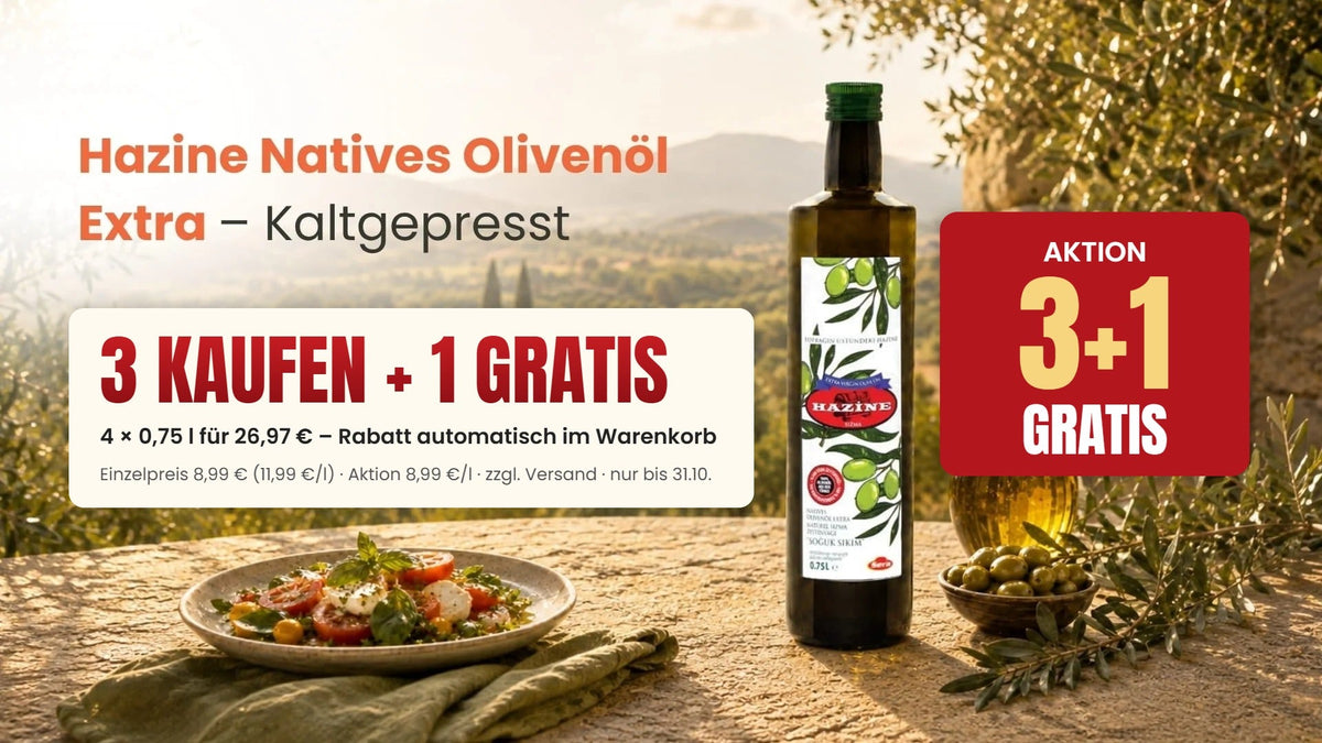 Hazine Natives Olivenöl Extra 0,75 l: 3 kaufen + 1 gratis. 4 Flaschen für 26,97 € zzgl. Versand, nur bis 31.10.