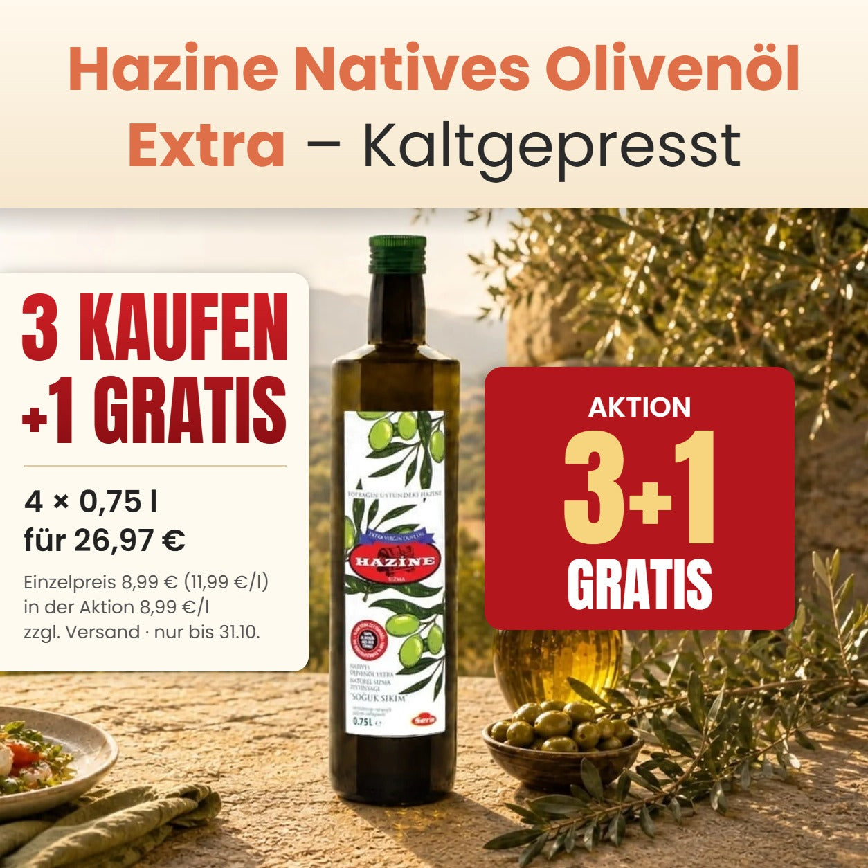 Hazine Olivenöl 3 kaufen + 1 gratis