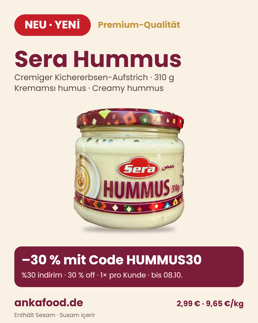 NEU: Sera Hummus – 30 % mit Code HUMMUS30
